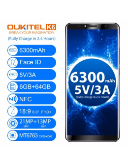 OUKITEL K6 6.0 Inch 18:9 6GB RAM 64GB ROM Fingerprint Dual Rear and Front Camera Dual SIM 4G Smartphone